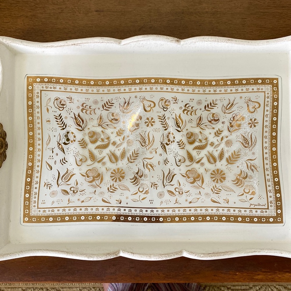 Georges Briard Persian Garden Gold Rectangular Divided Signed Bent Glass Tray